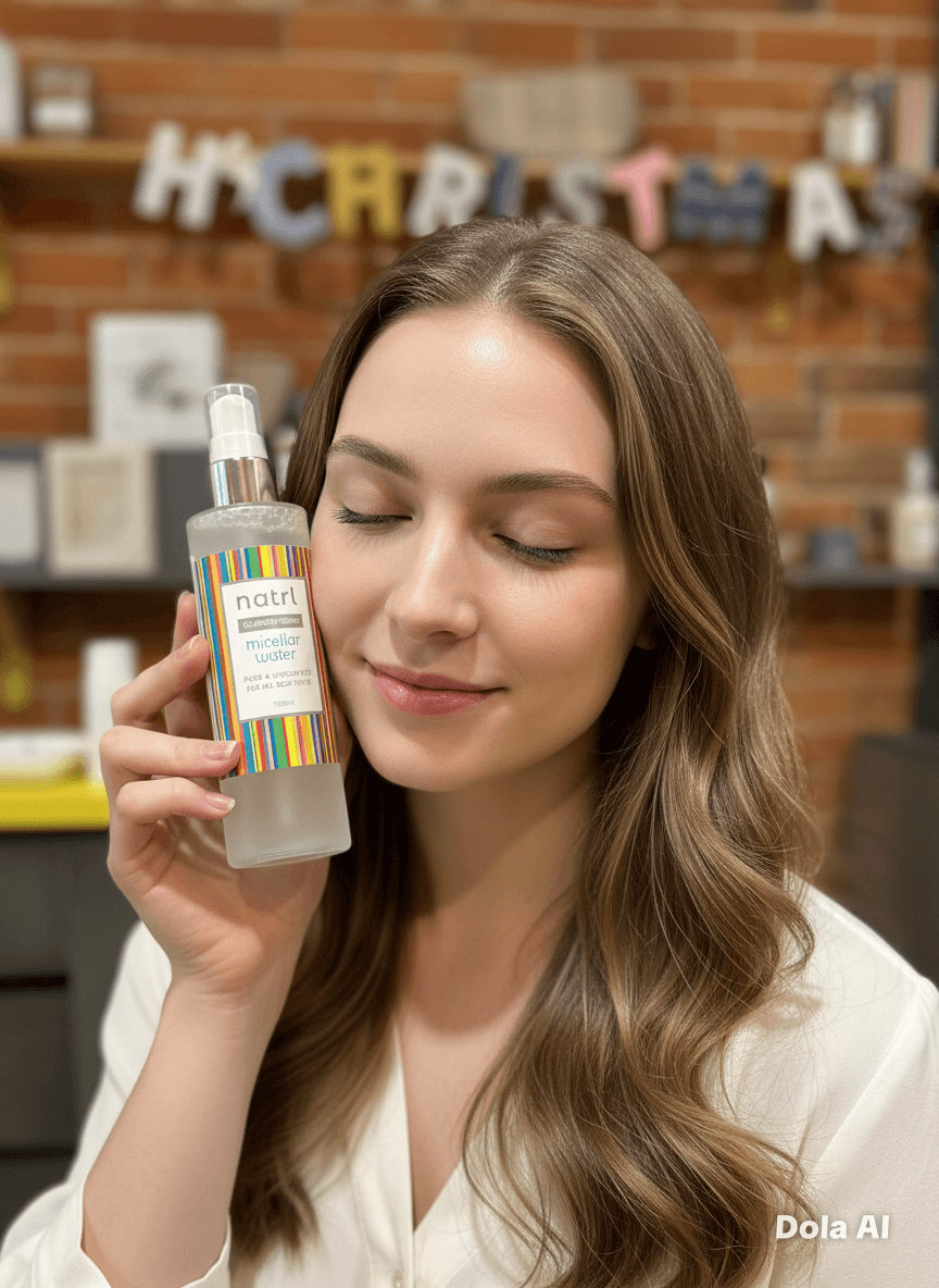Woman holding a bottle of natural skincare product with a festive background