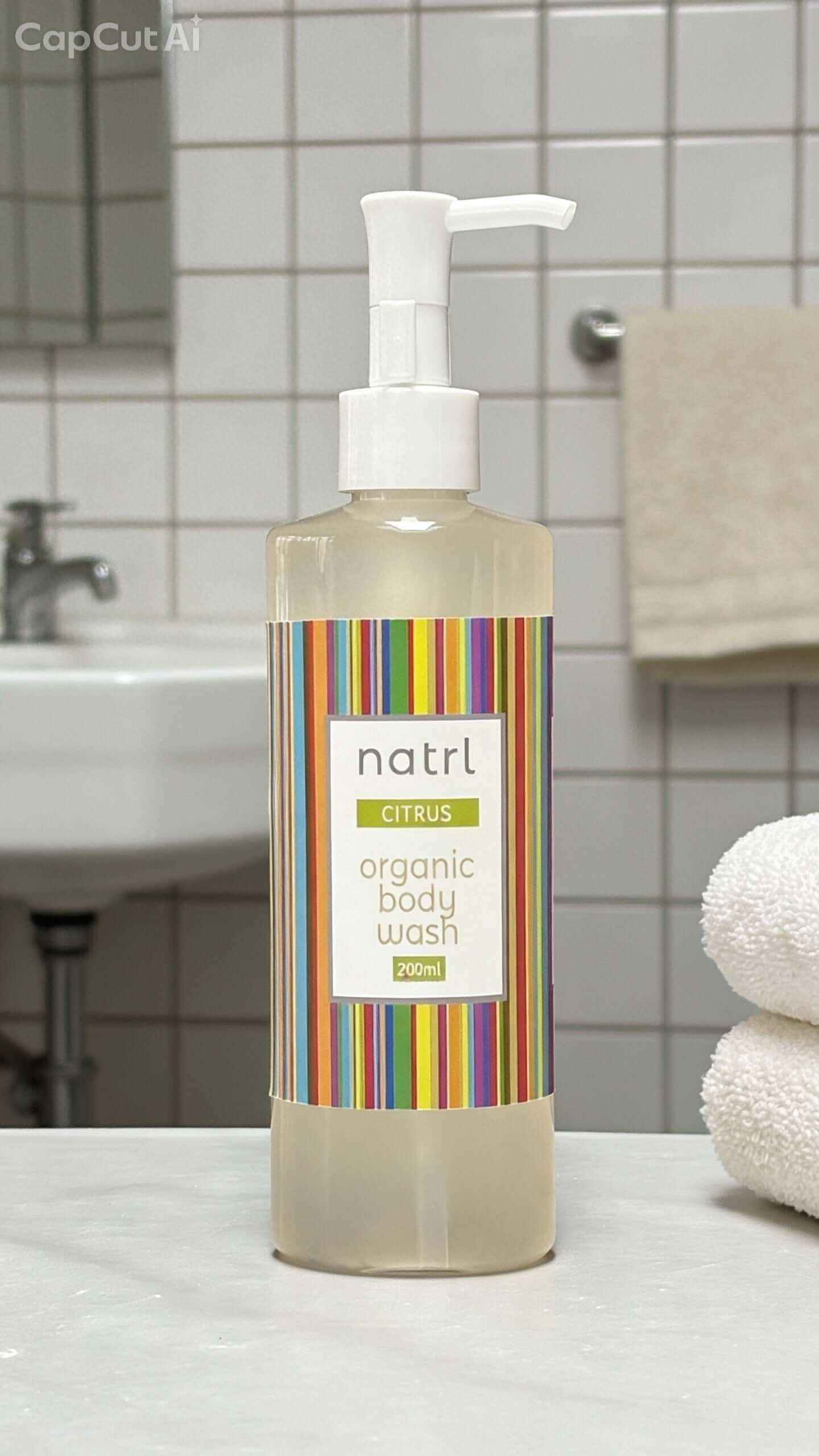 Bottle of organic body wash with a colorful label on a bathroom counter.
