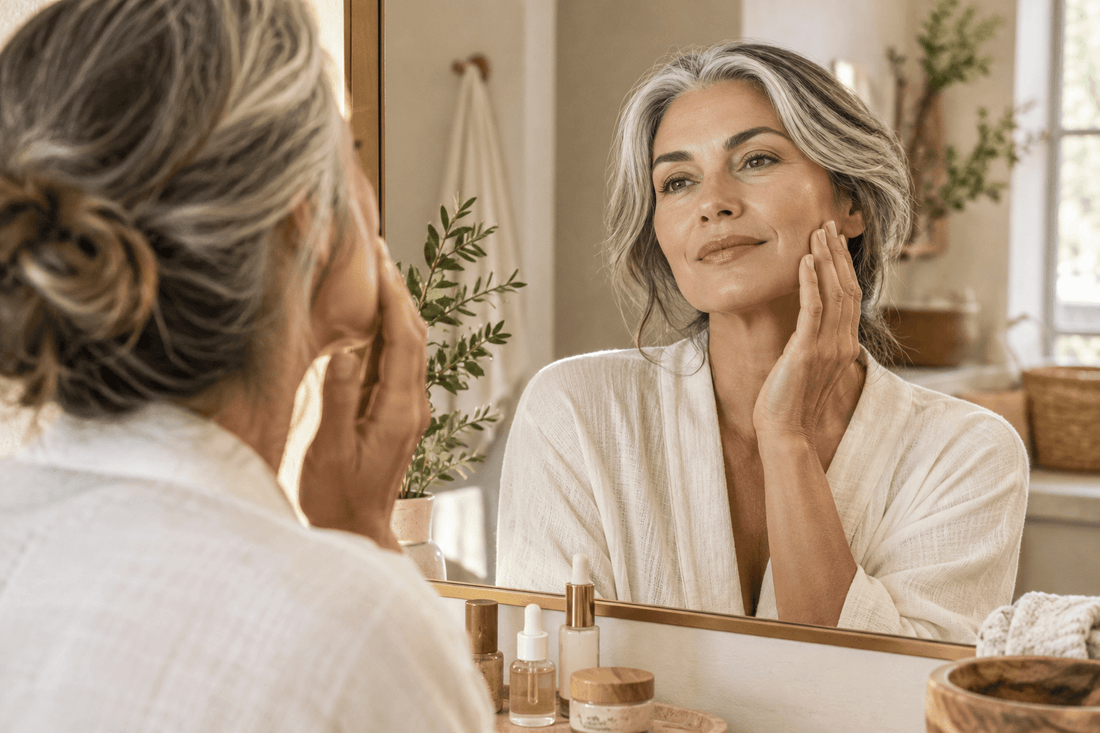 Mature women looking into mirror