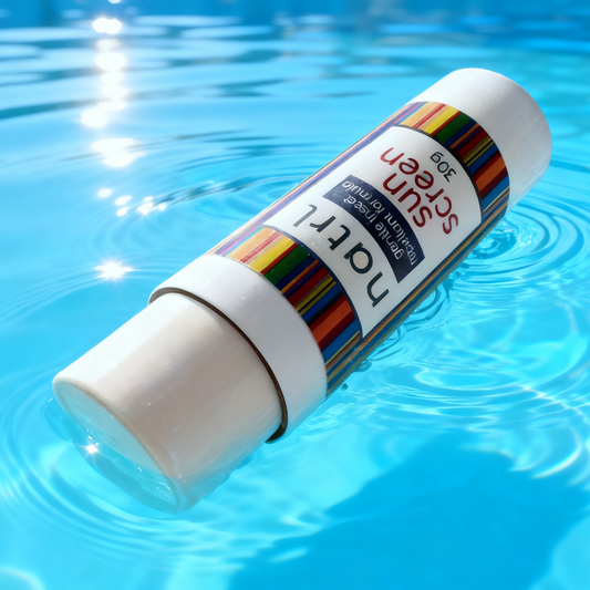 Lip balm with colorful label floating in water