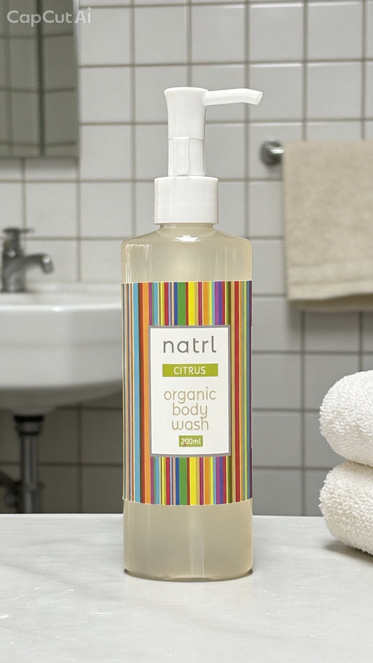 Bottle of organic body wash with a colorful label on a bathroom counter.